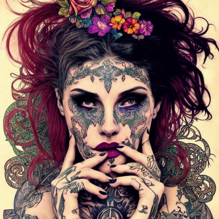 Woman with Vibrant Floral Tattoos and Flower Crown Gazing Intently