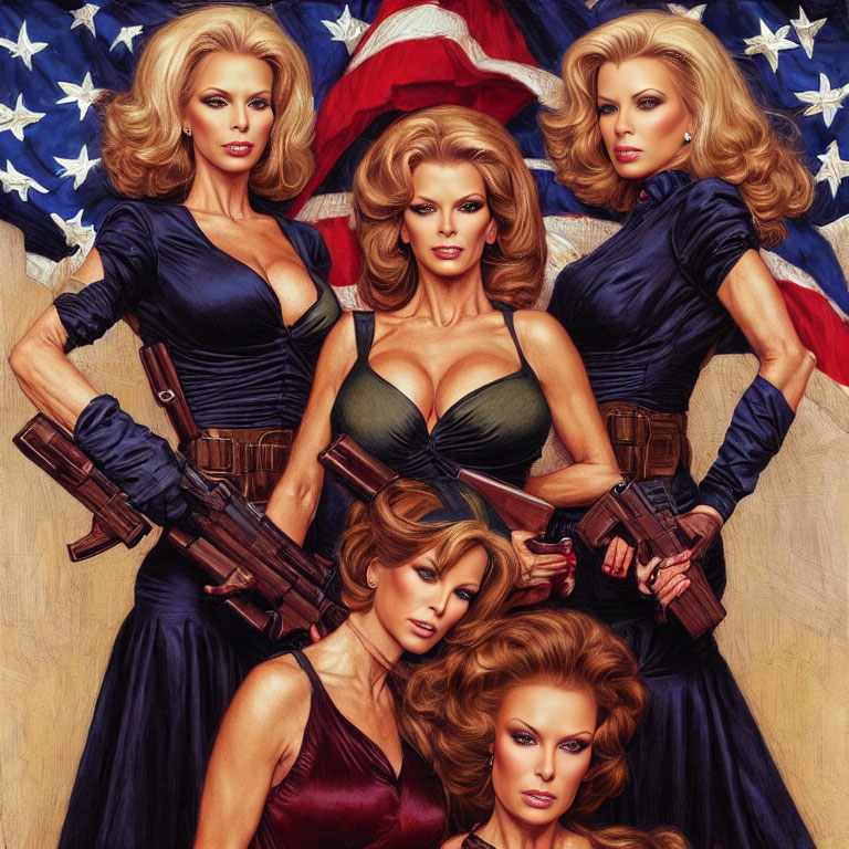 Stylized woman in various outfits posing heroically with handguns against American flag.