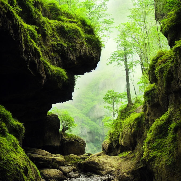 Greenery-draped rocky cave with stream in foggy forest