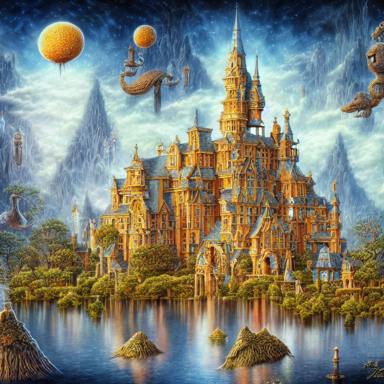 Majestic castle on floating islands in dreamlike landscape