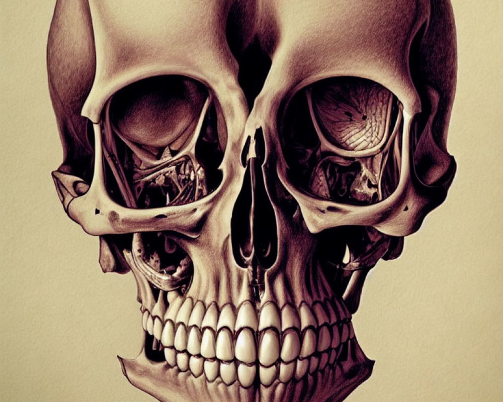 Human skull with intricate mechanical details in eye sockets: clockwork steampunk design