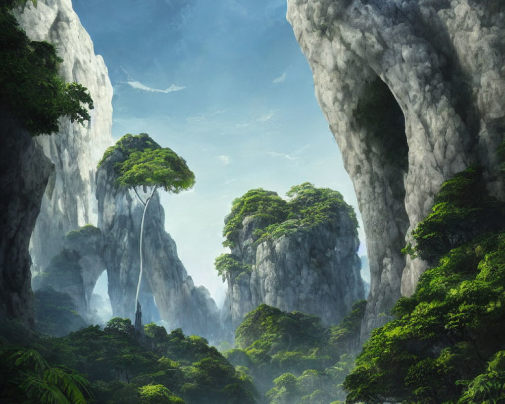 Mystical forest with towering cliffs and lush green trees in soft mist