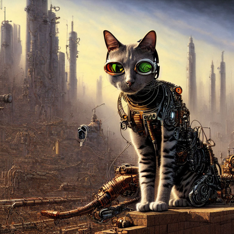 Cybernetic Cat with Green Eyes in Futuristic Cityscape