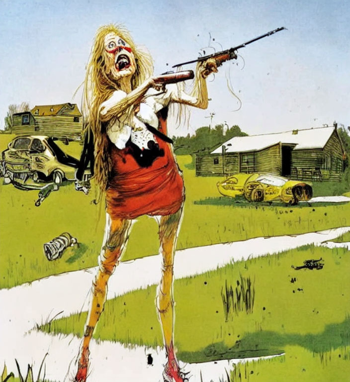 Decaying zombie in red dress with rifle in grassy field.