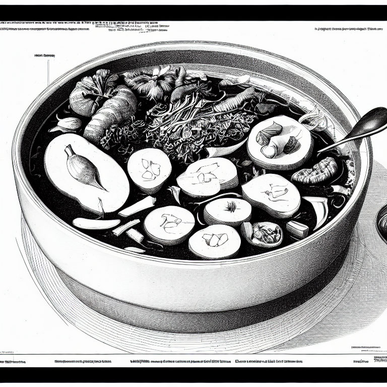 Detailed black and white food pot illustration with shrimp, eggs, noodles, and vegetables.