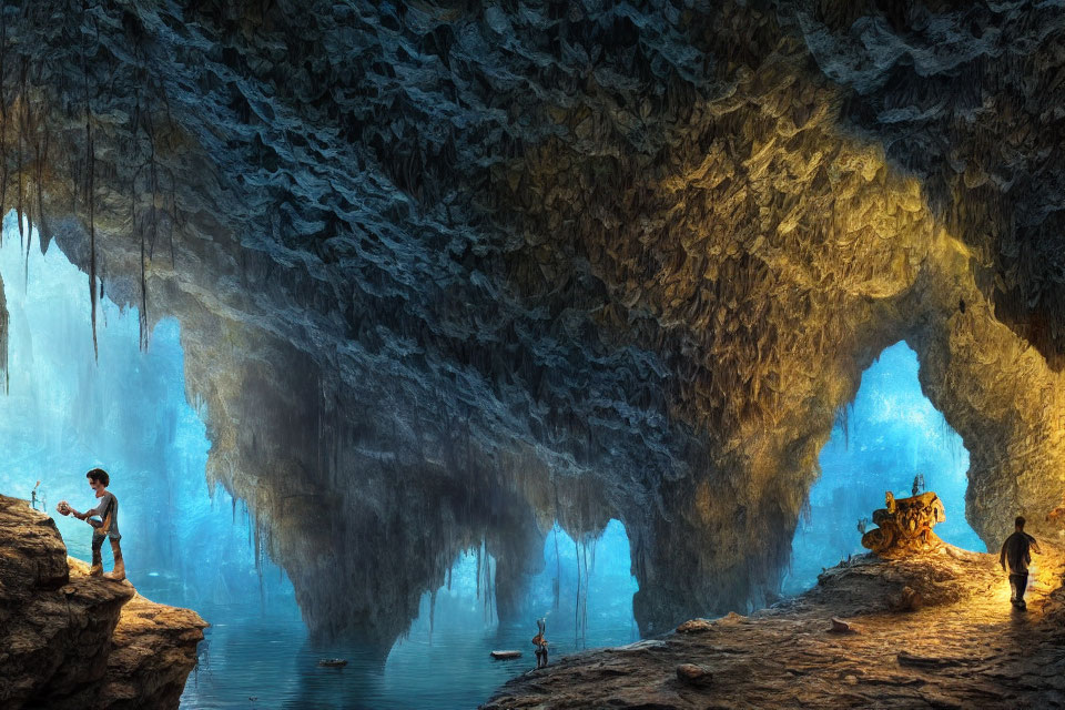 Spacious cavern with explorers, stalactites, and underground water body