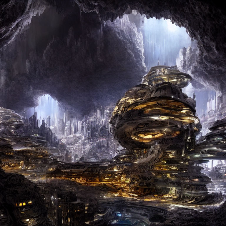 Subterranean City with Layered Architecture and Illuminated Structures