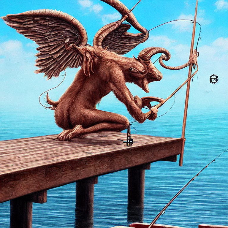 Mythical creature with lion body, wings, and ram's head fishing on pier