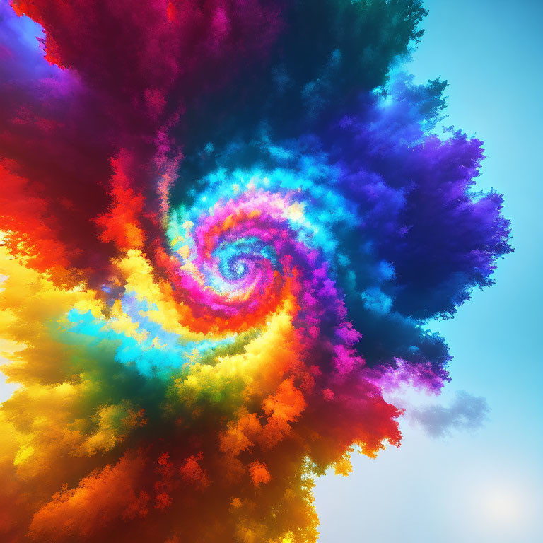 Colorful swirling fractal against blue sky with sunlight hints