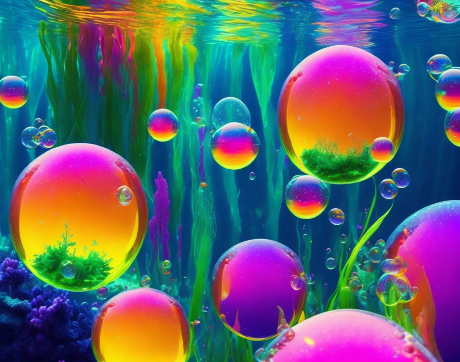 Colorful Underwater Scene with Translucent Bubbles and Miniature Ecosystems