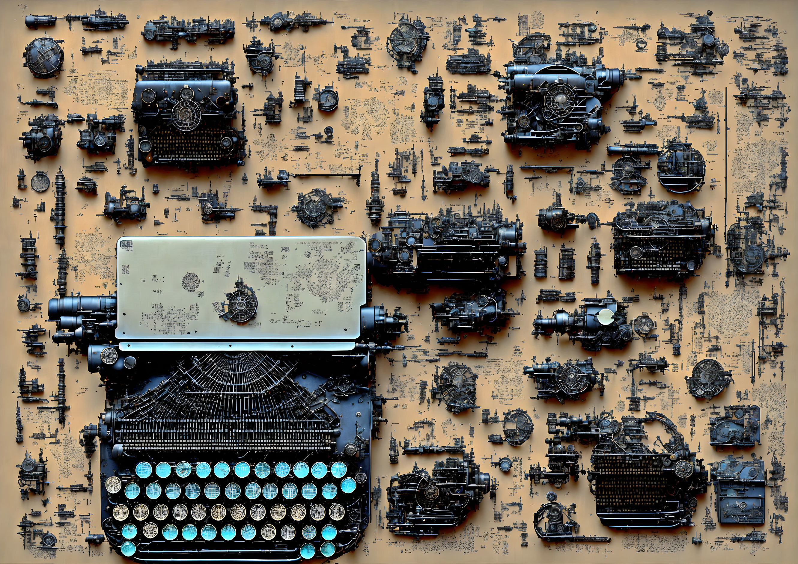 Vintage Typewriters Displayed Against Rust-Colored Background