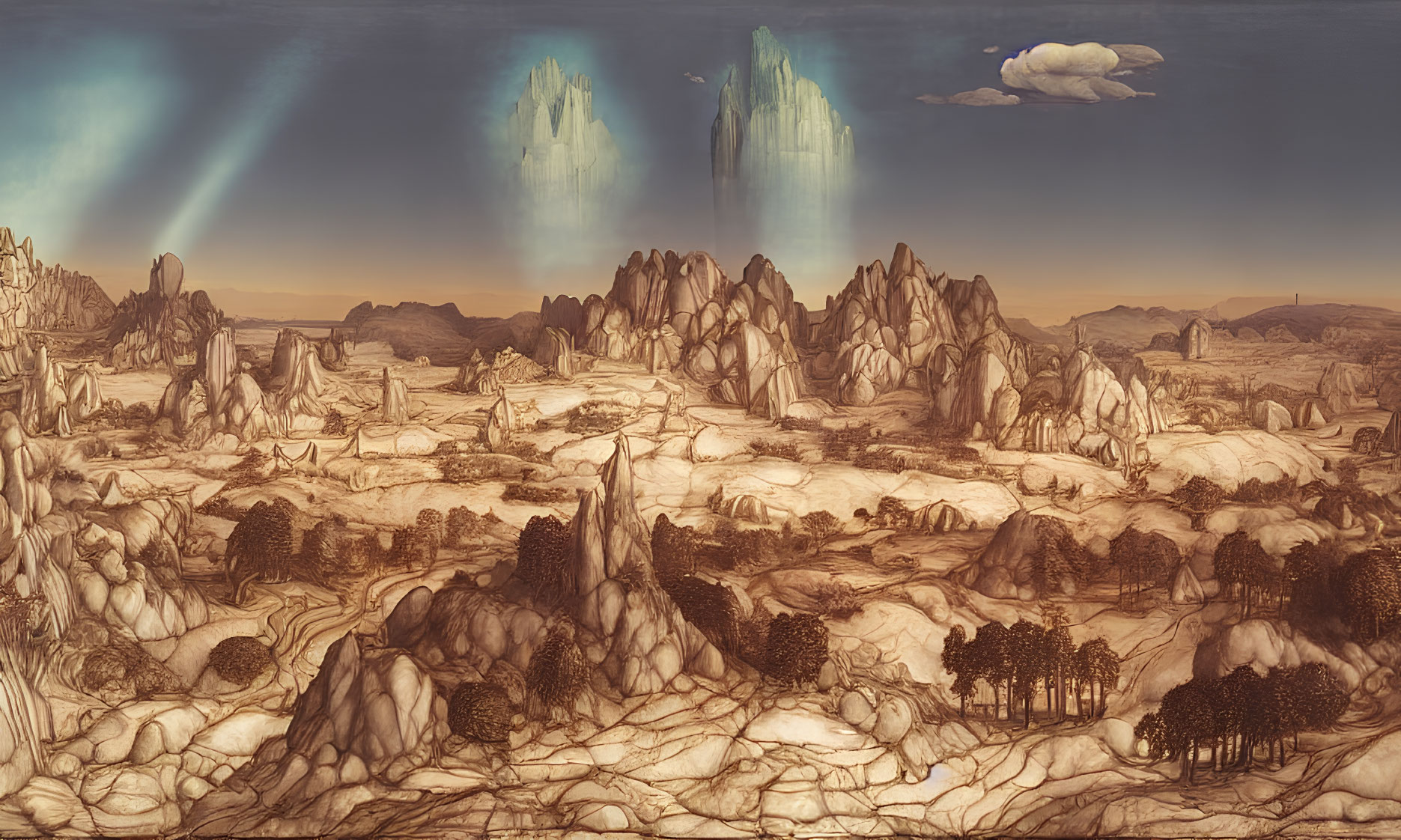 Alien landscape with rugged rocks, sparse trees, and ethereal light beams