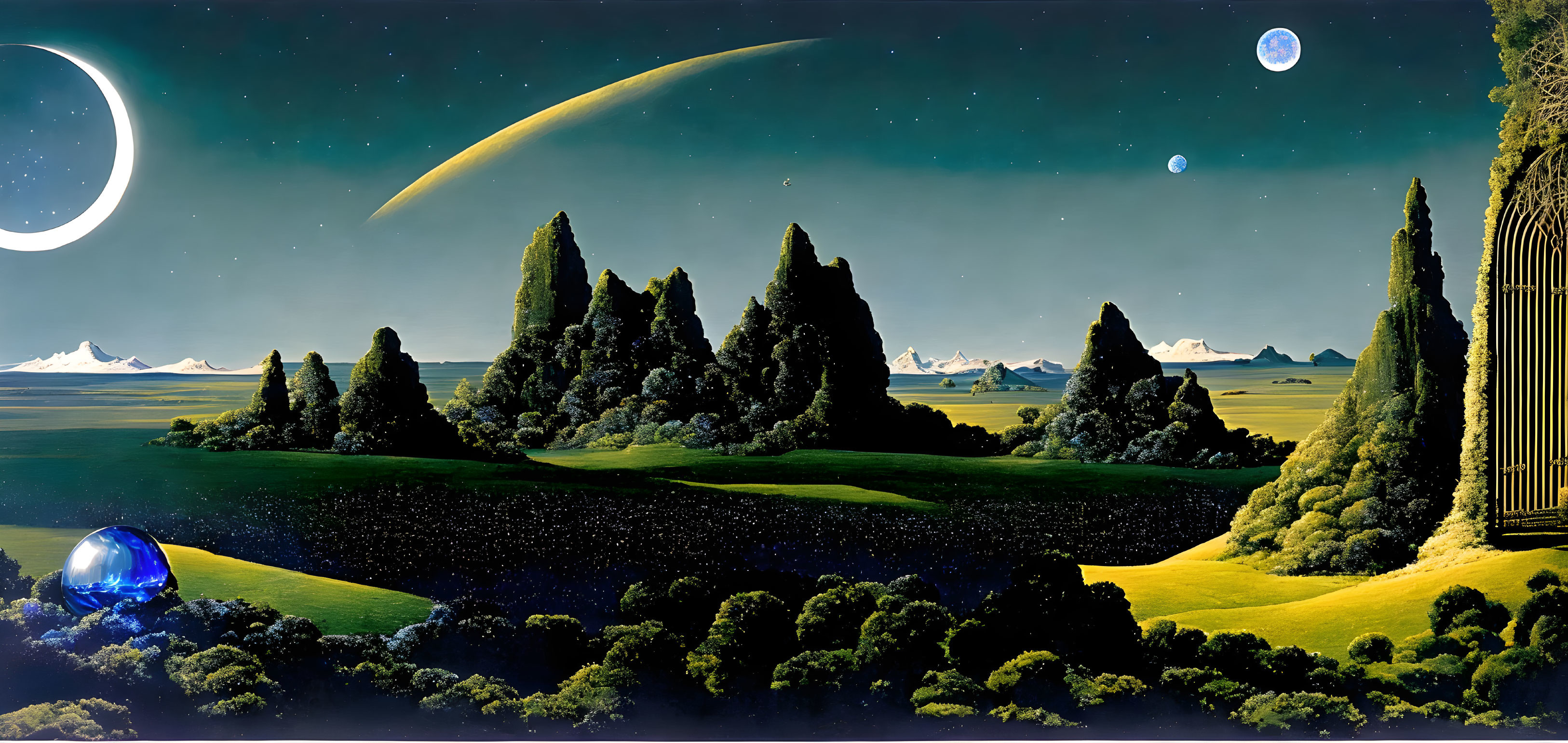 Surreal landscape with spire-shaped trees, comet, celestial bodies, mountains, and glowing blue