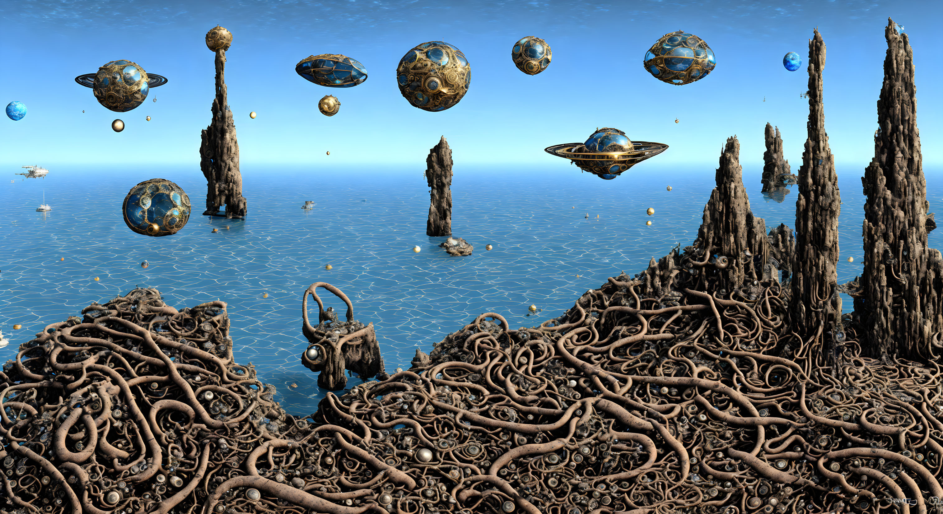 Surreal landscape: floating orbs, UFO, ocean, rocky shore, blue sky