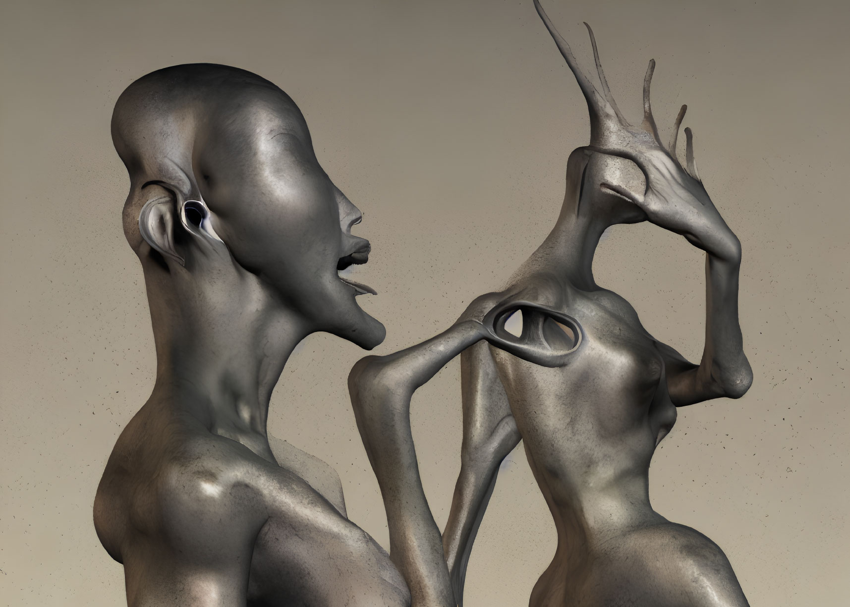 Surreal humanoid figures with metallic skin and abstract features