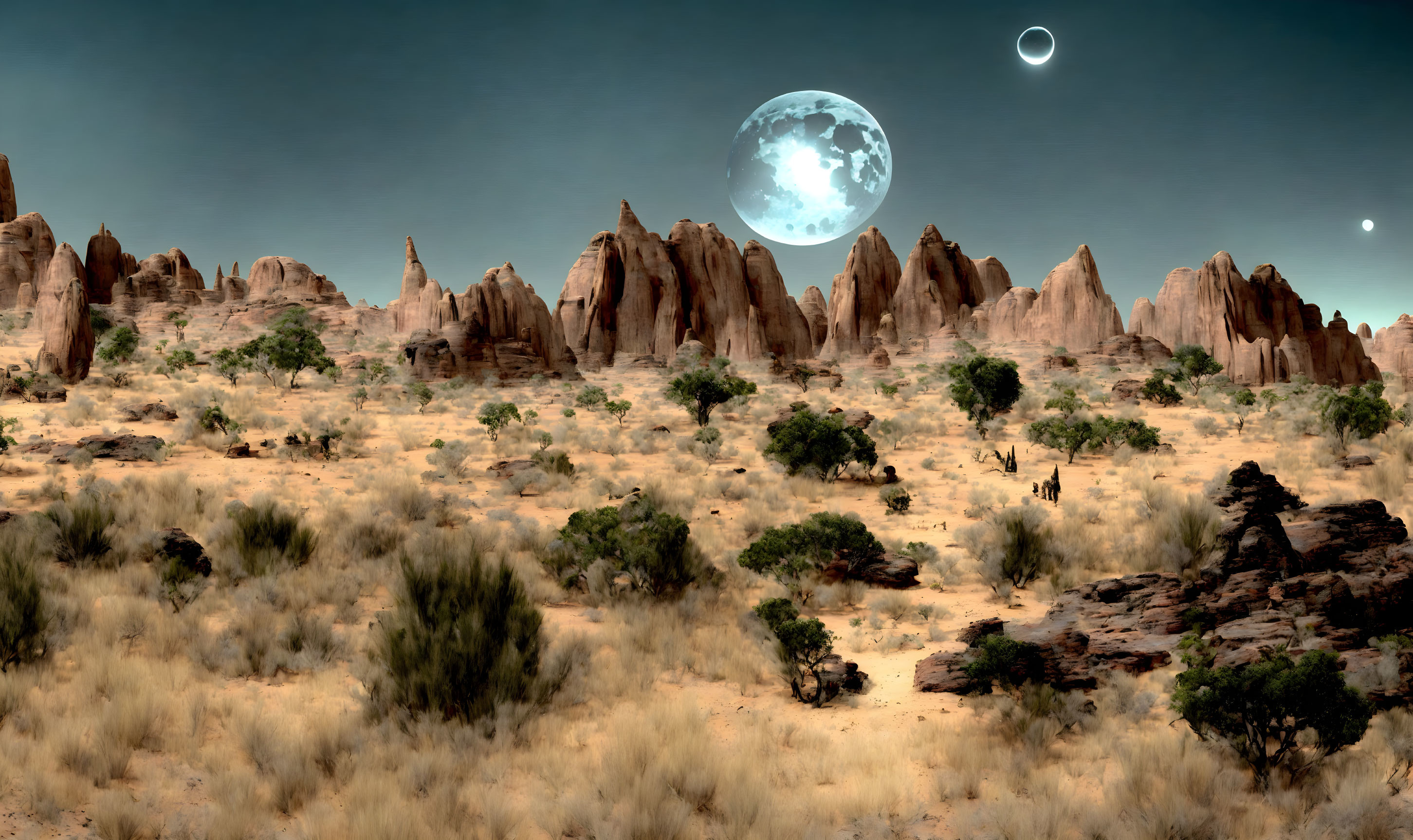 Alien planet desert landscape with rocky outcrops and two moons