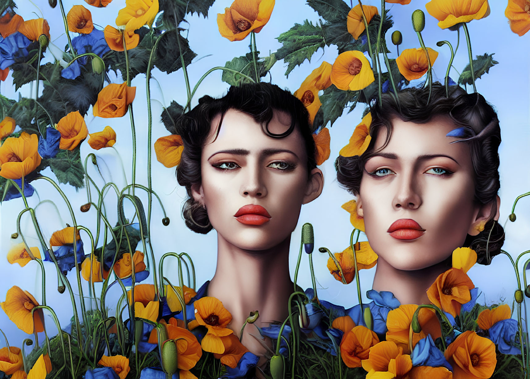 Twin female figures in digital art surrounded by blue and yellow flowers