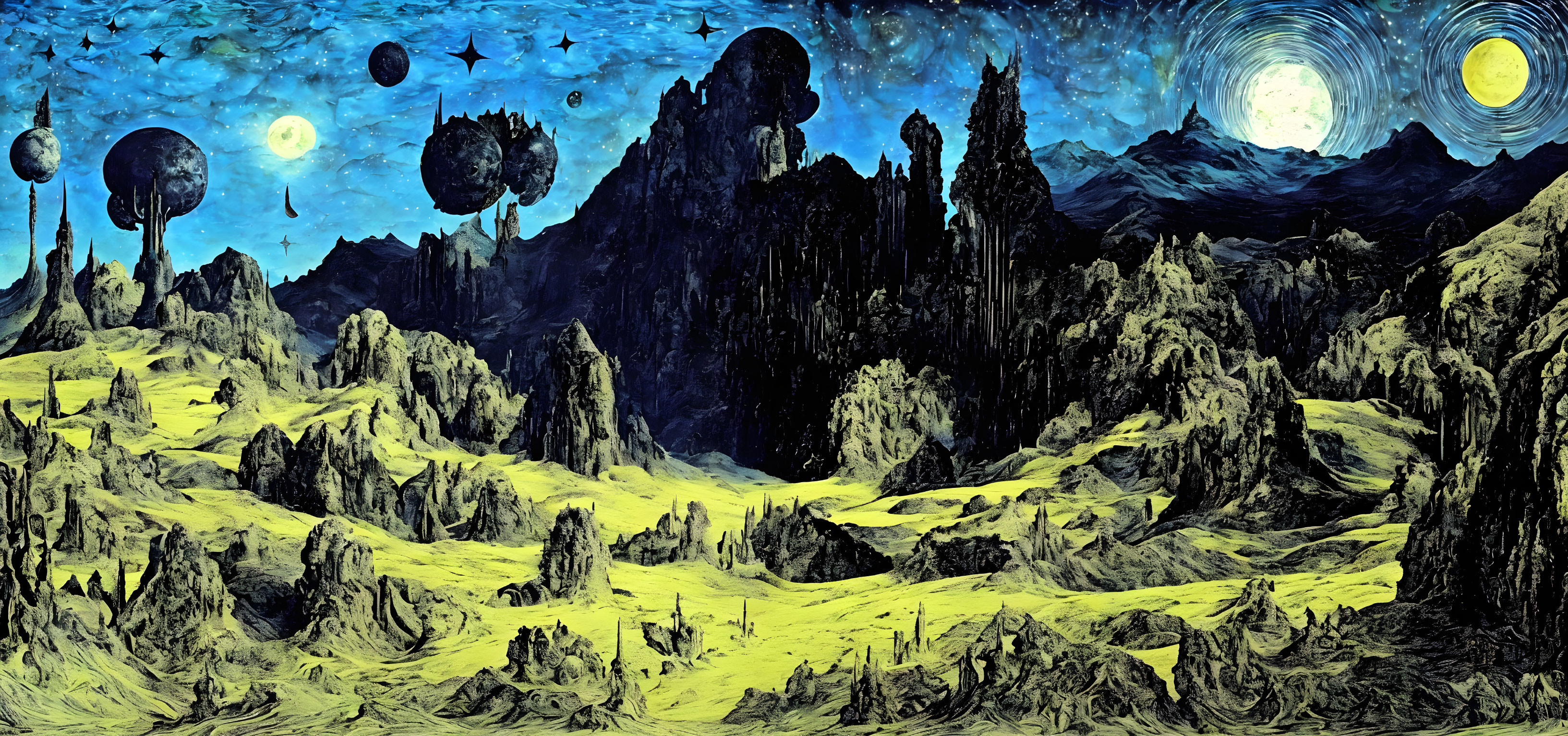 Surreal starry sky landscape with floating orbs and rocky formations