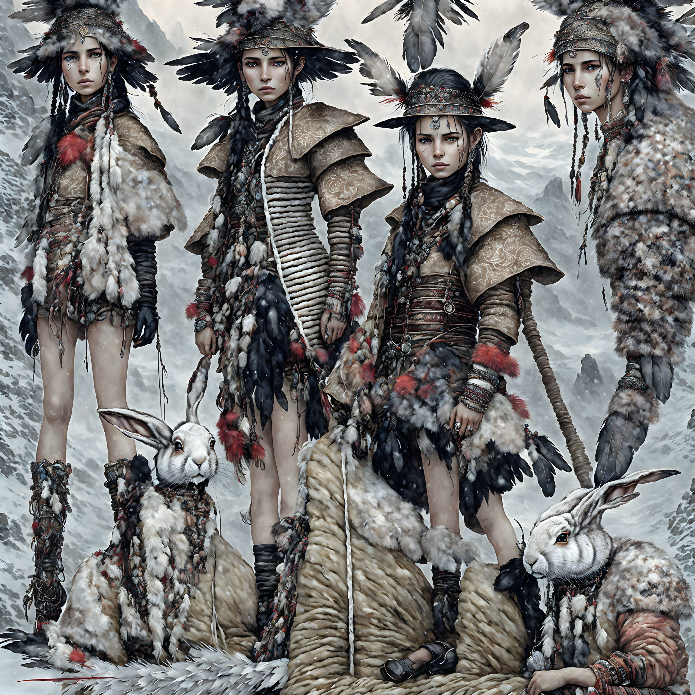 Four women in tribal attire with feathered headpieces in wintry scene with white rabbits