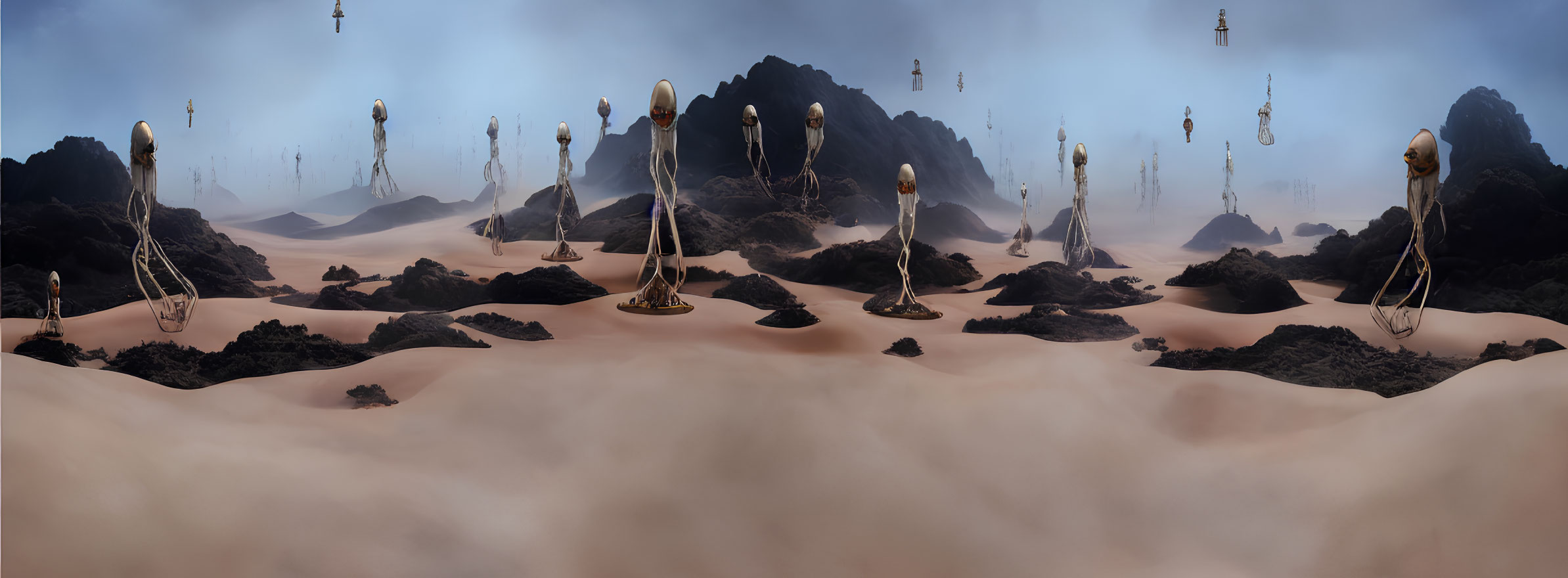 Mysterious surreal landscape with mist-covered dunes and alien tripod entities