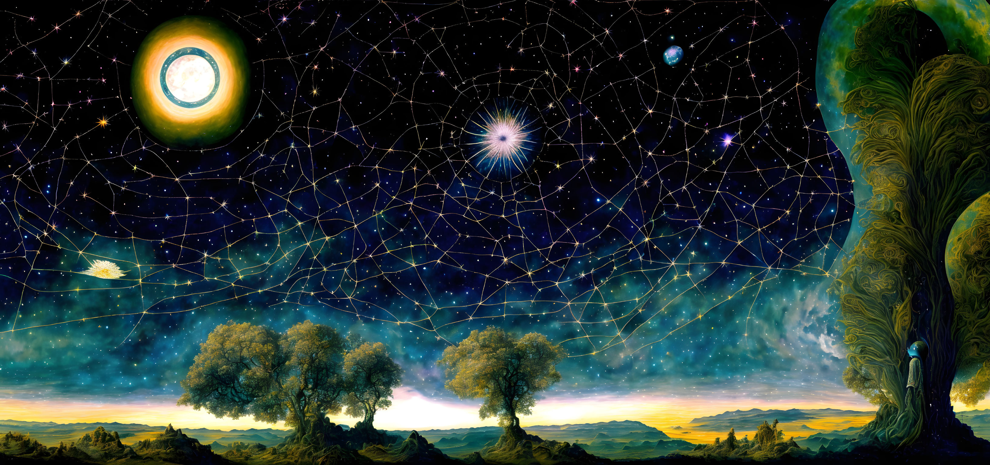 Surreal landscape with glowing webs under starry sky