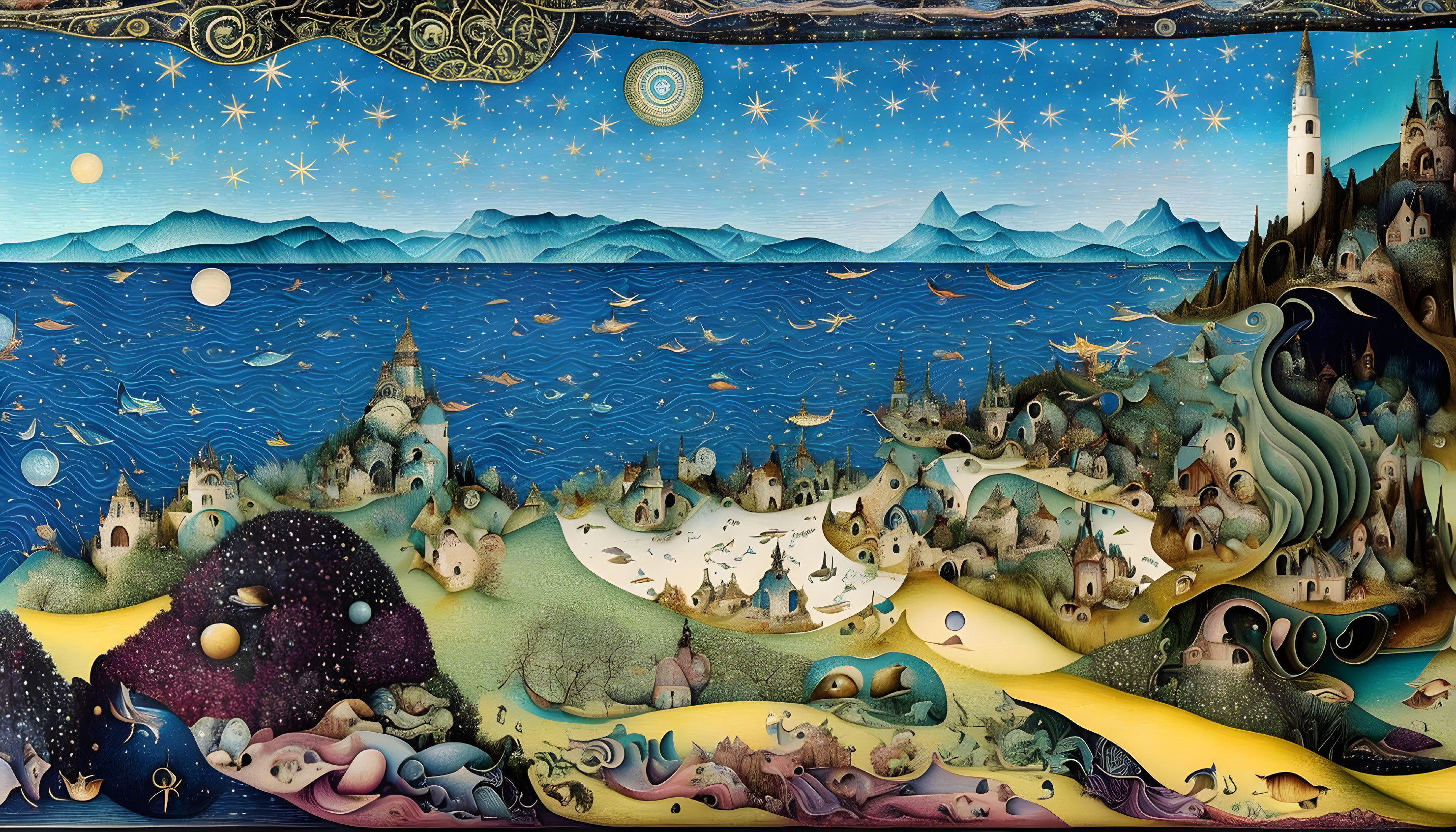 Panoramic whimsical seascape art: day to night transition, starry skies, towns,