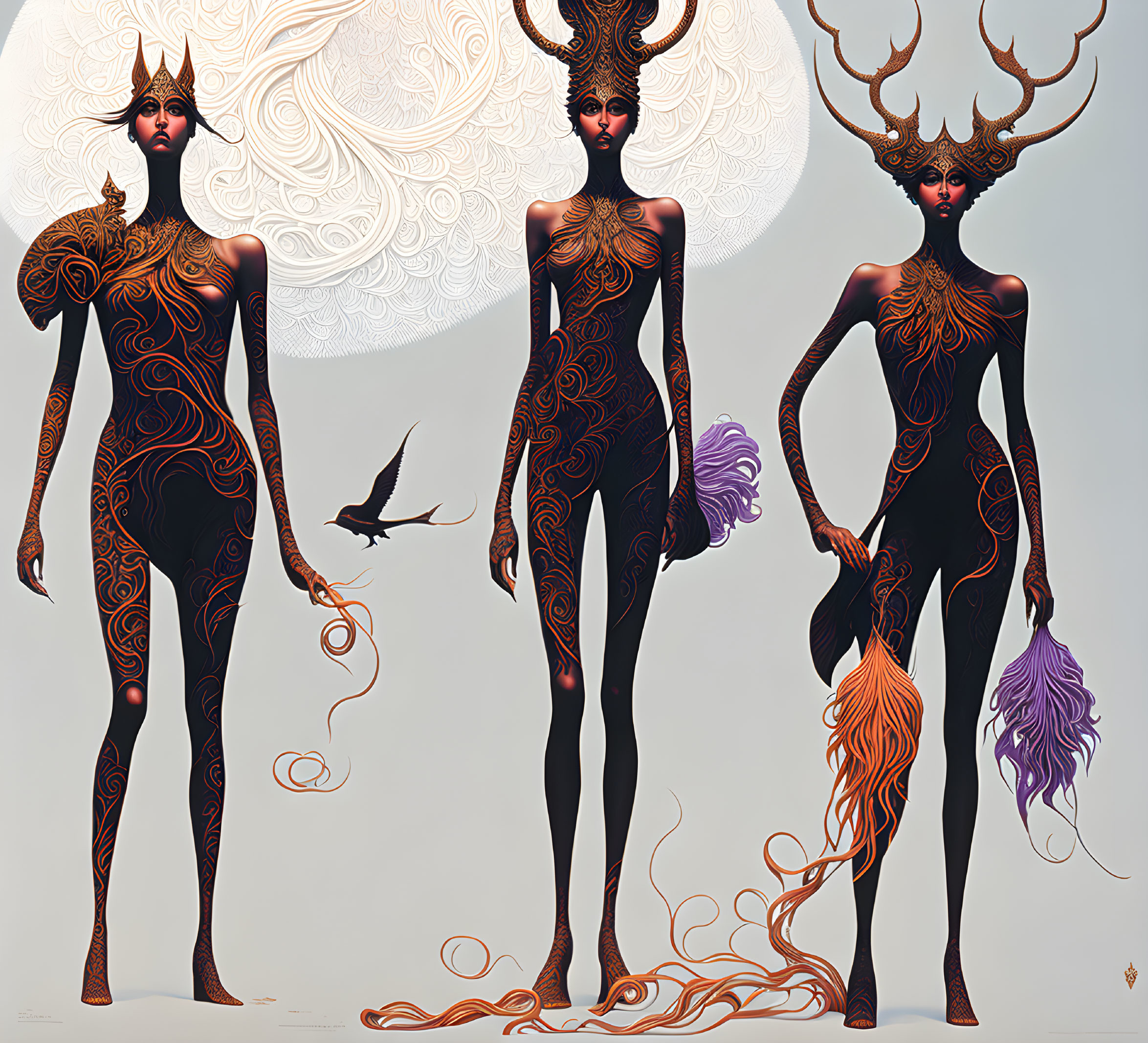 Stylized female figures with ornate body patterns and antler-like headpieces on patterned background