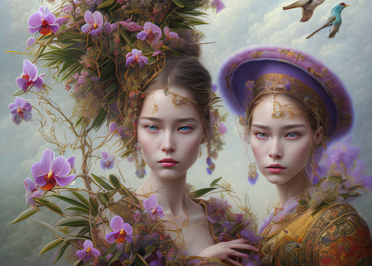 Women with floral headpieces and jewelry among orchids with colorful bird.