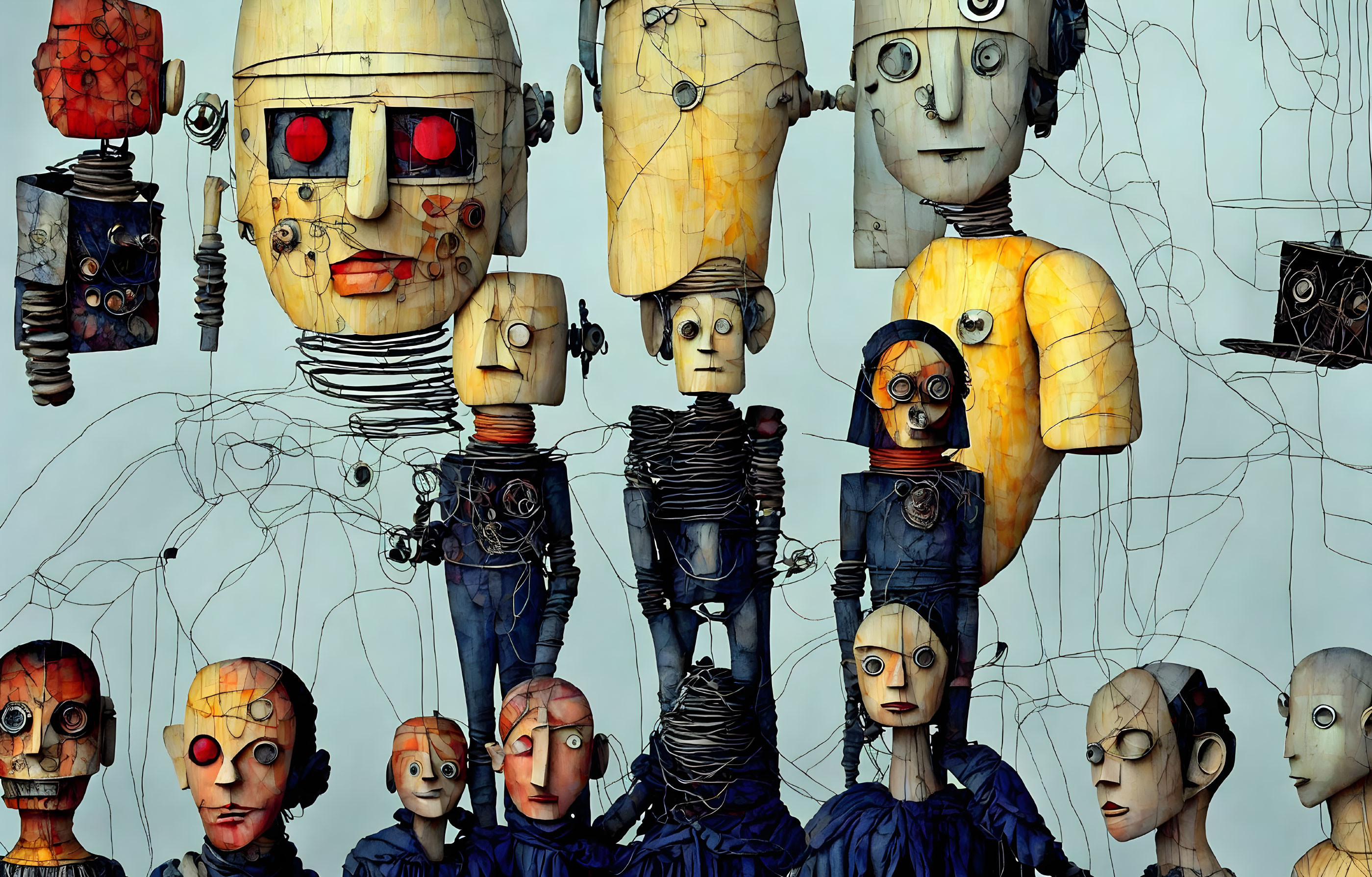 Artistic robot figures with quirky expressions and mechanical parts on neutral backdrop.