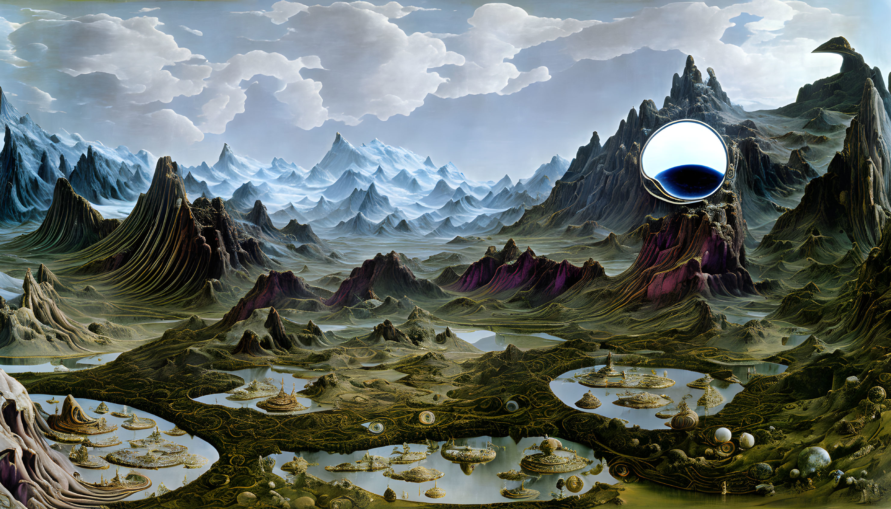 Surreal landscape with icy peaks, rocky plateaus, interconnected lakes, and floating sphere