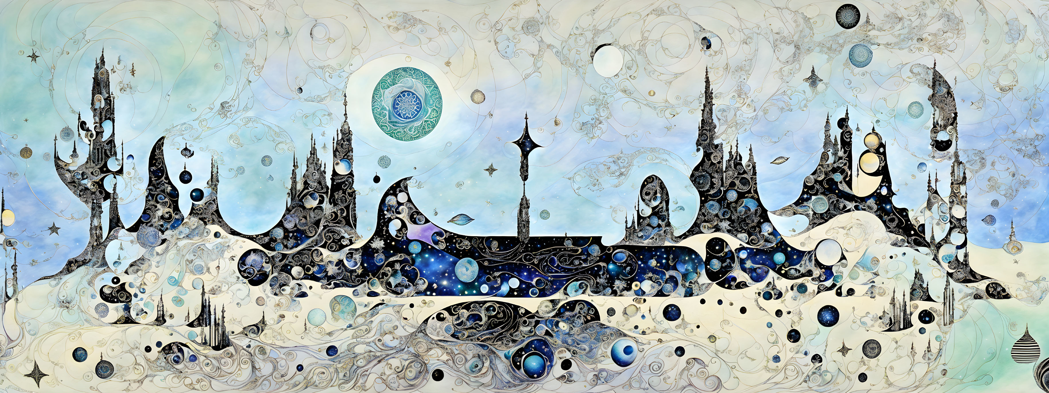 Panoramic fantasy landscape with celestial motifs in blue tones