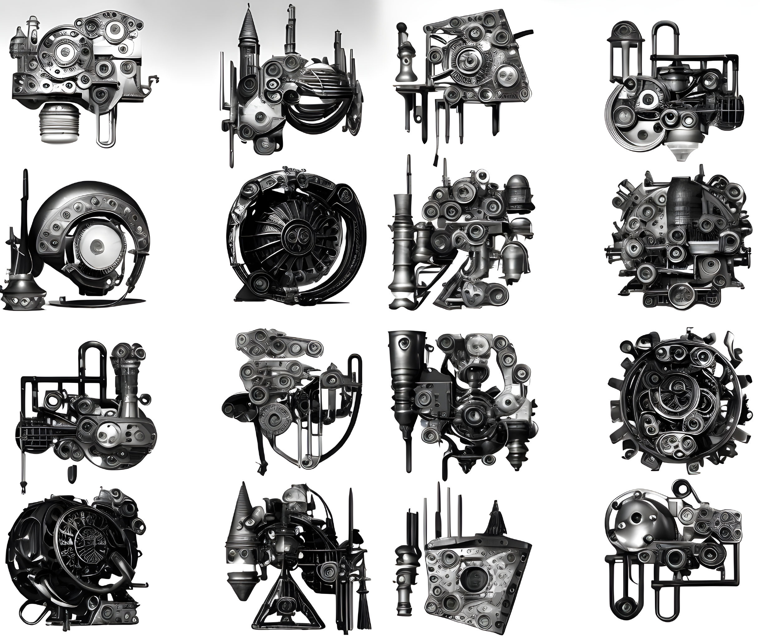 Detailed Black and White Mechanical Engine Parts Collage