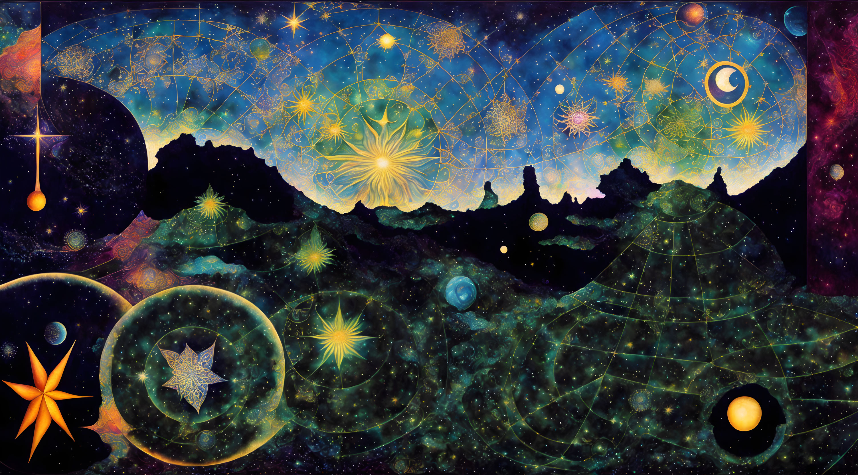 Colorful cosmic illustration with mountains and celestial bodies