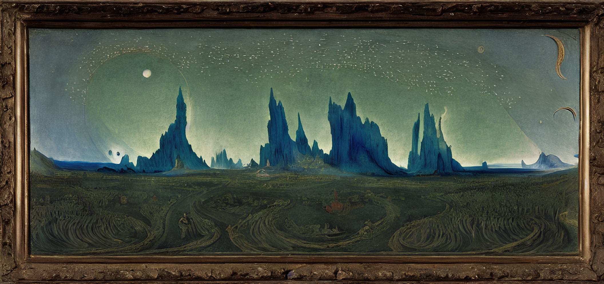 Ethereal night landscape painting with blue spires and starry sky