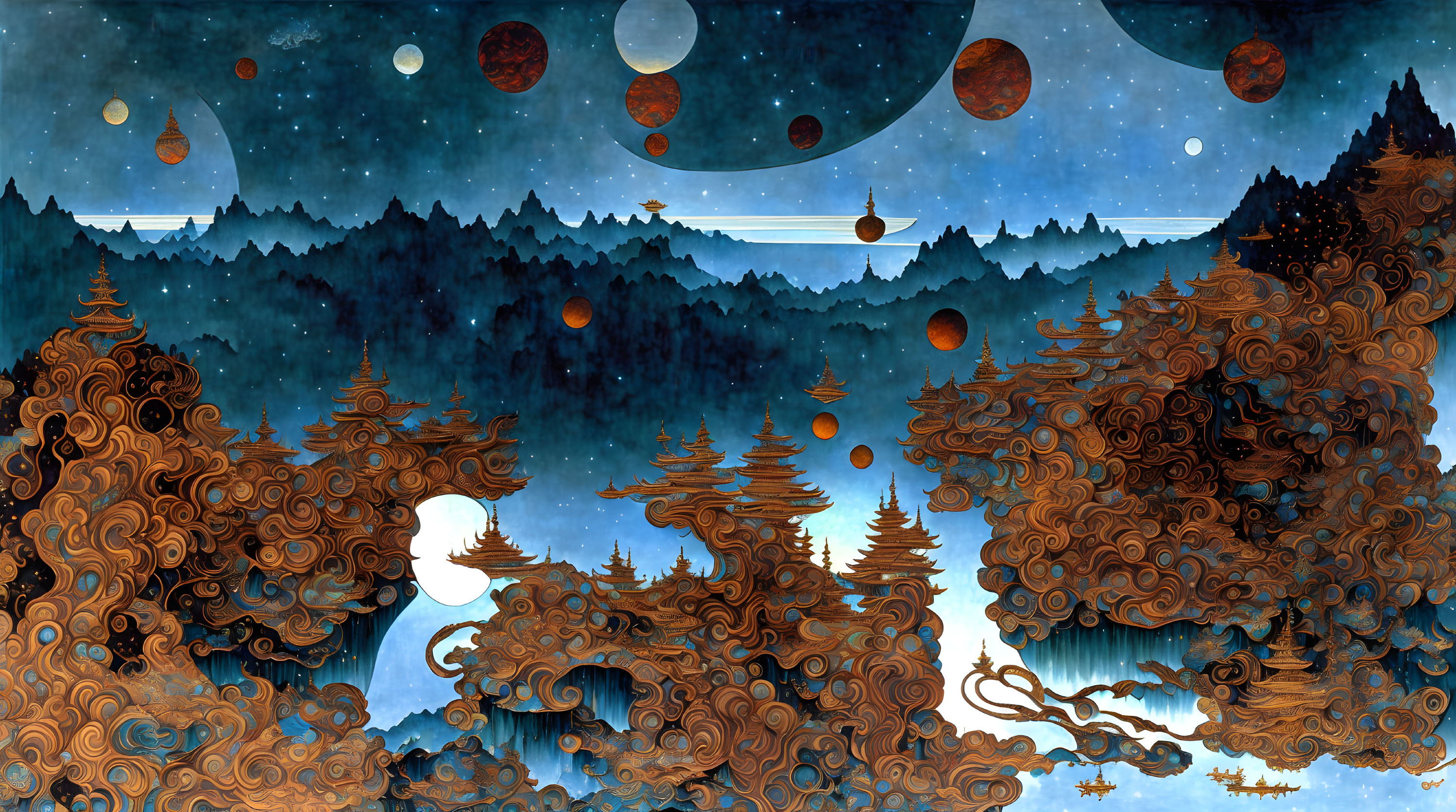 Fantastical landscape with layered forests and celestial bodies.