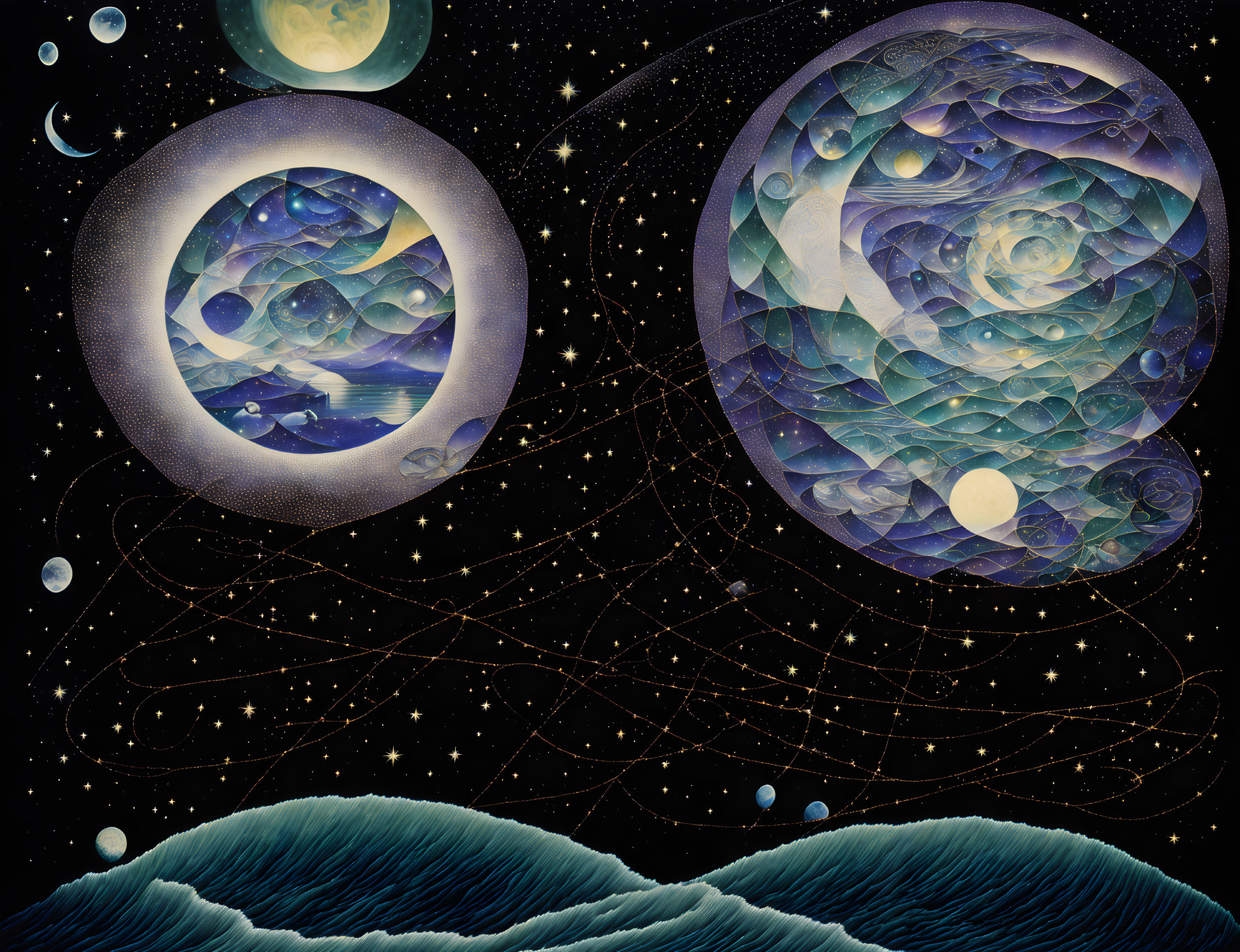 Surreal cosmic artwork: twin spherical bodies, celestial objects, golden lines.