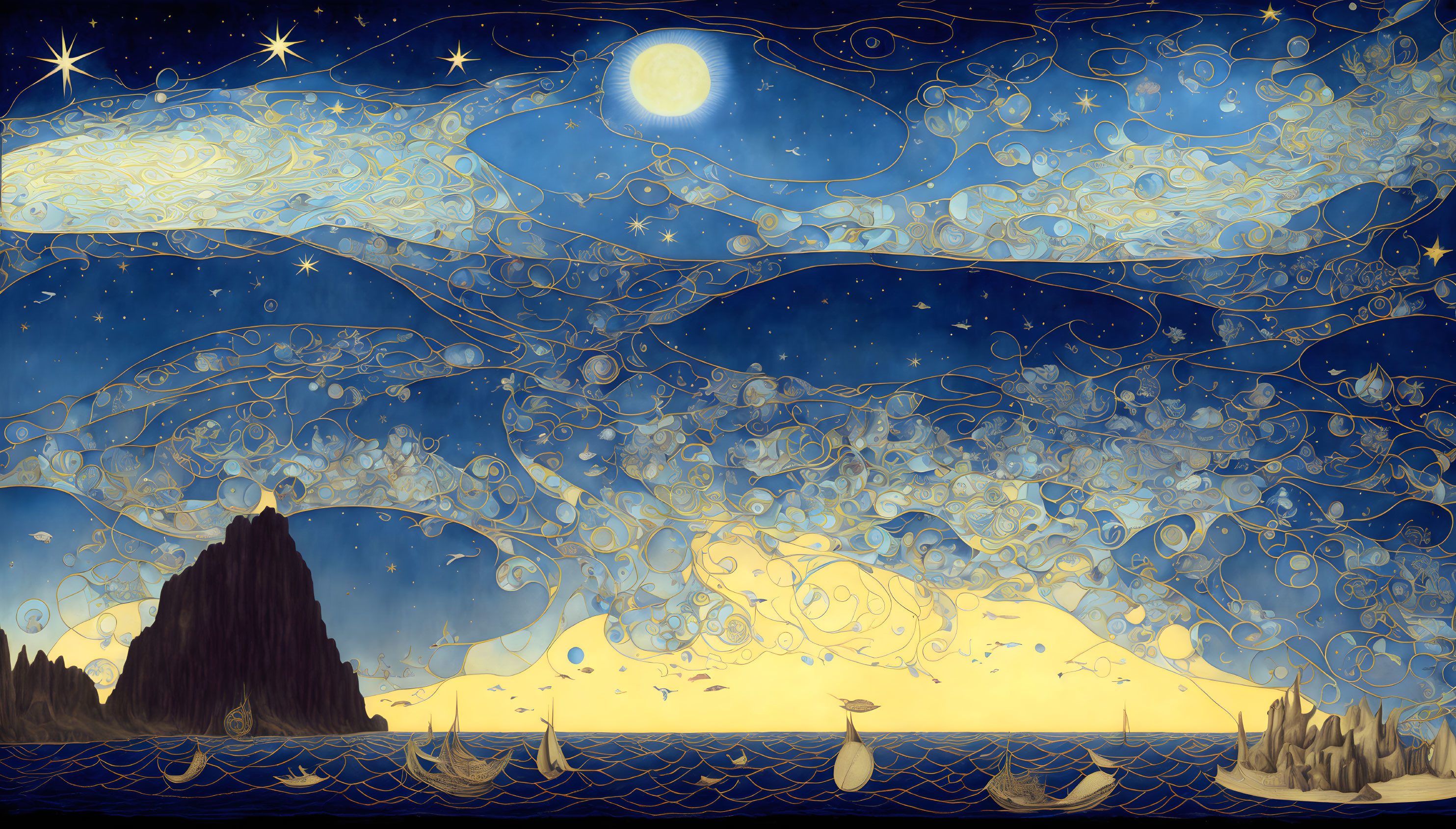 Surreal nocturnal seascape with swirling sky patterns, glowing moon, stars, rock silhouette,