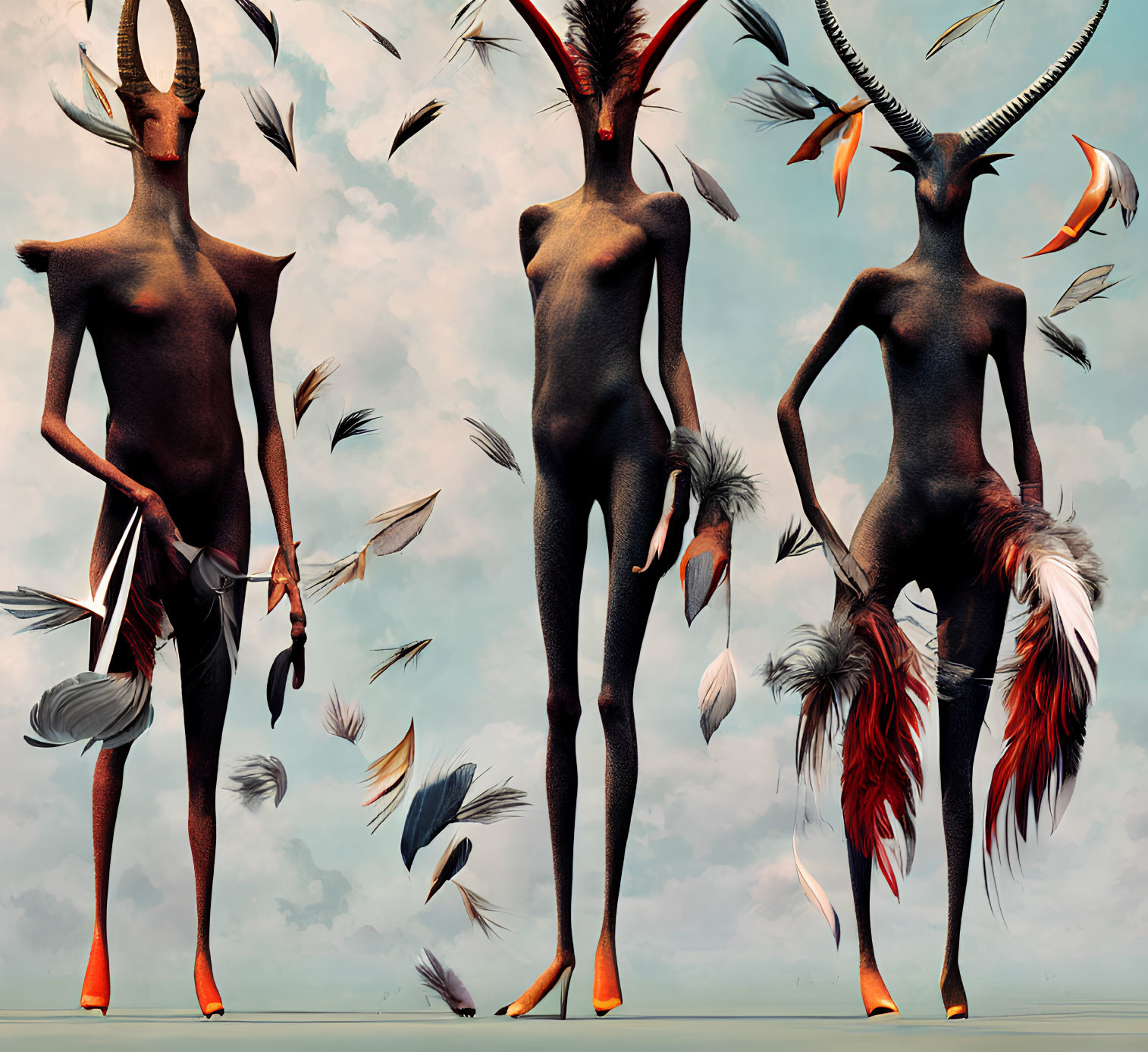 Stylized anthropomorphic figures with long necks and horn-like extensions against cloudy sky