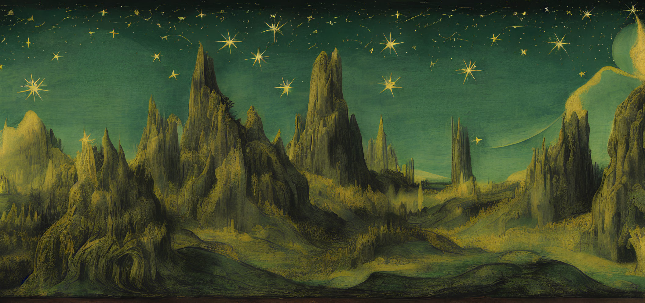 Fantastical landscape painting of spire-like mountains under a starry sky