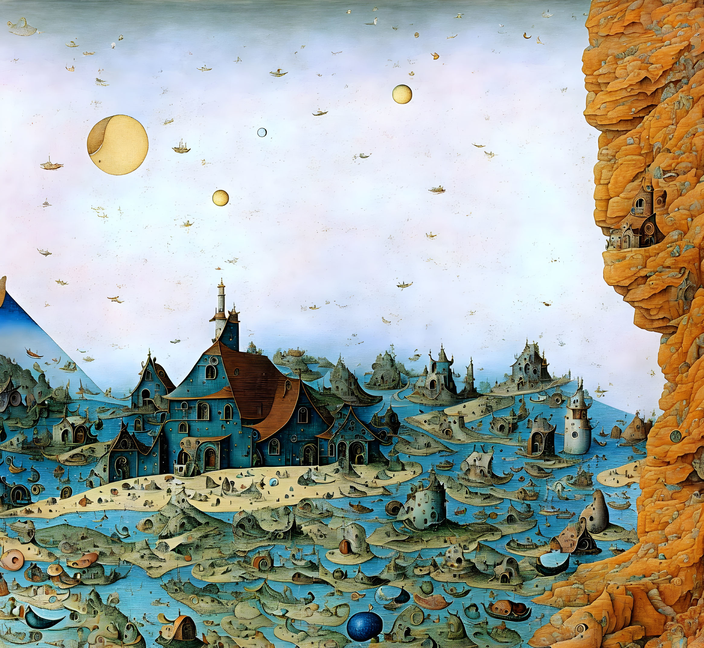 Whimsical landscape with floating islands and surreal airships