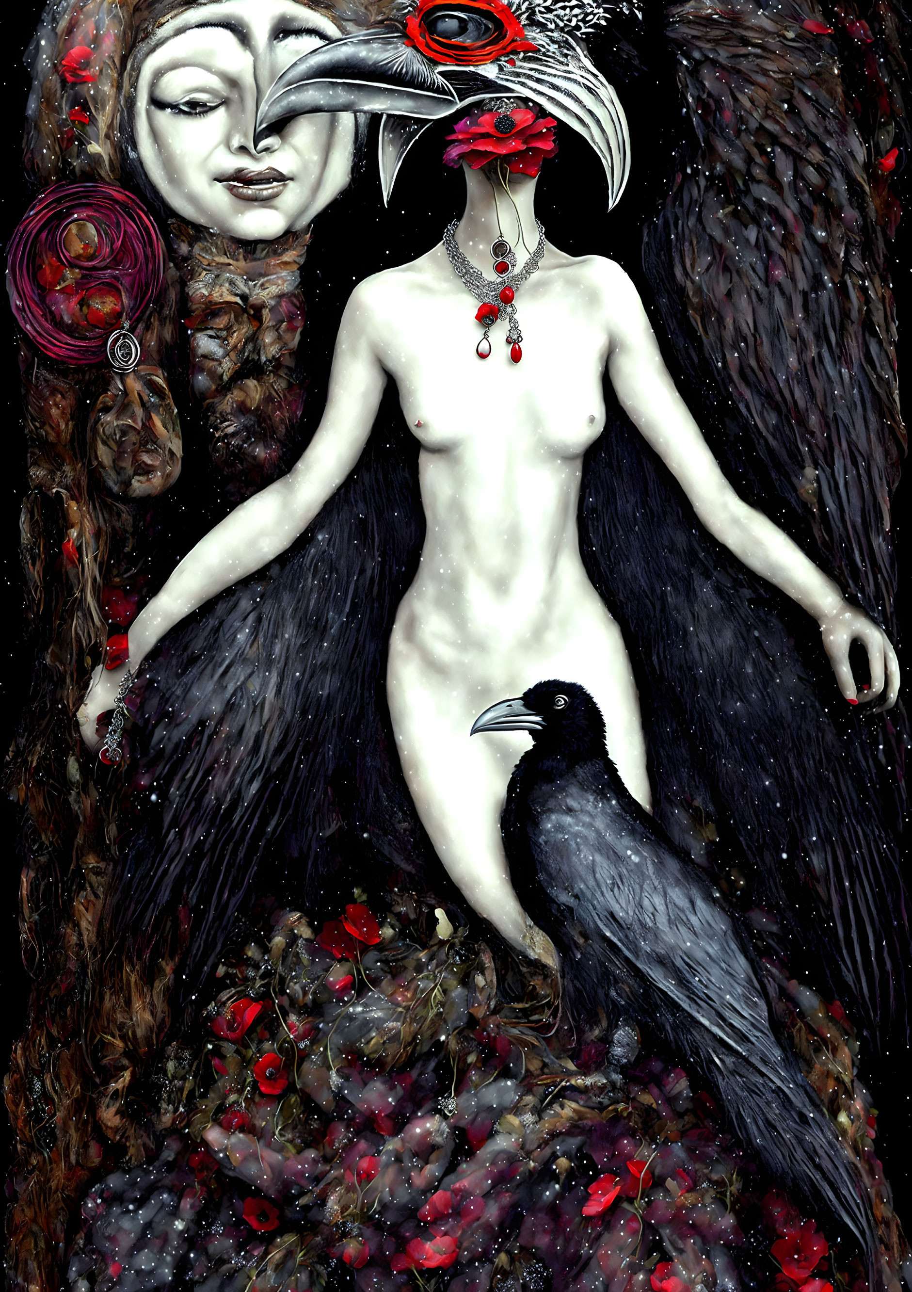 Surreal artwork: nude figure, wings, bird, poppies, masked faces, dark background