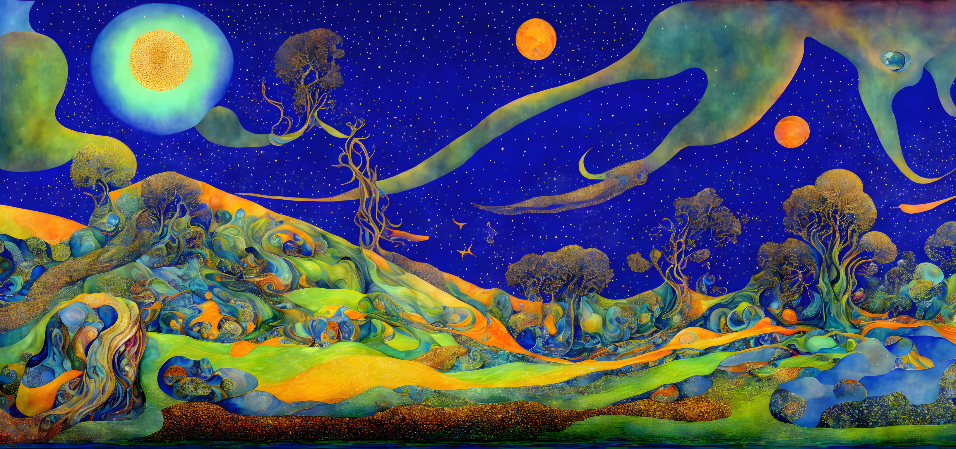 Colorful Psychedelic Landscape with Whimsical Trees and Celestial Bodies