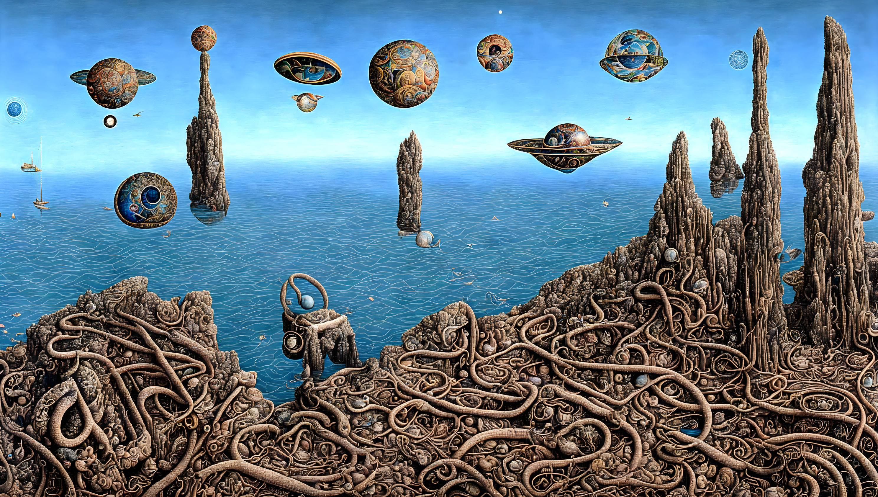 Surreal landscape: rocky formations, floating islands, alien-like vessels above ocean