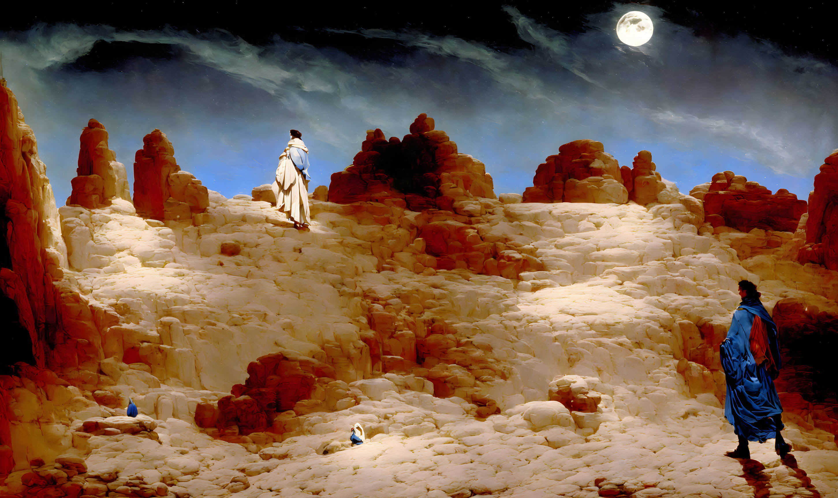 Moonlit desert landscape with rock formations, figures, and camel