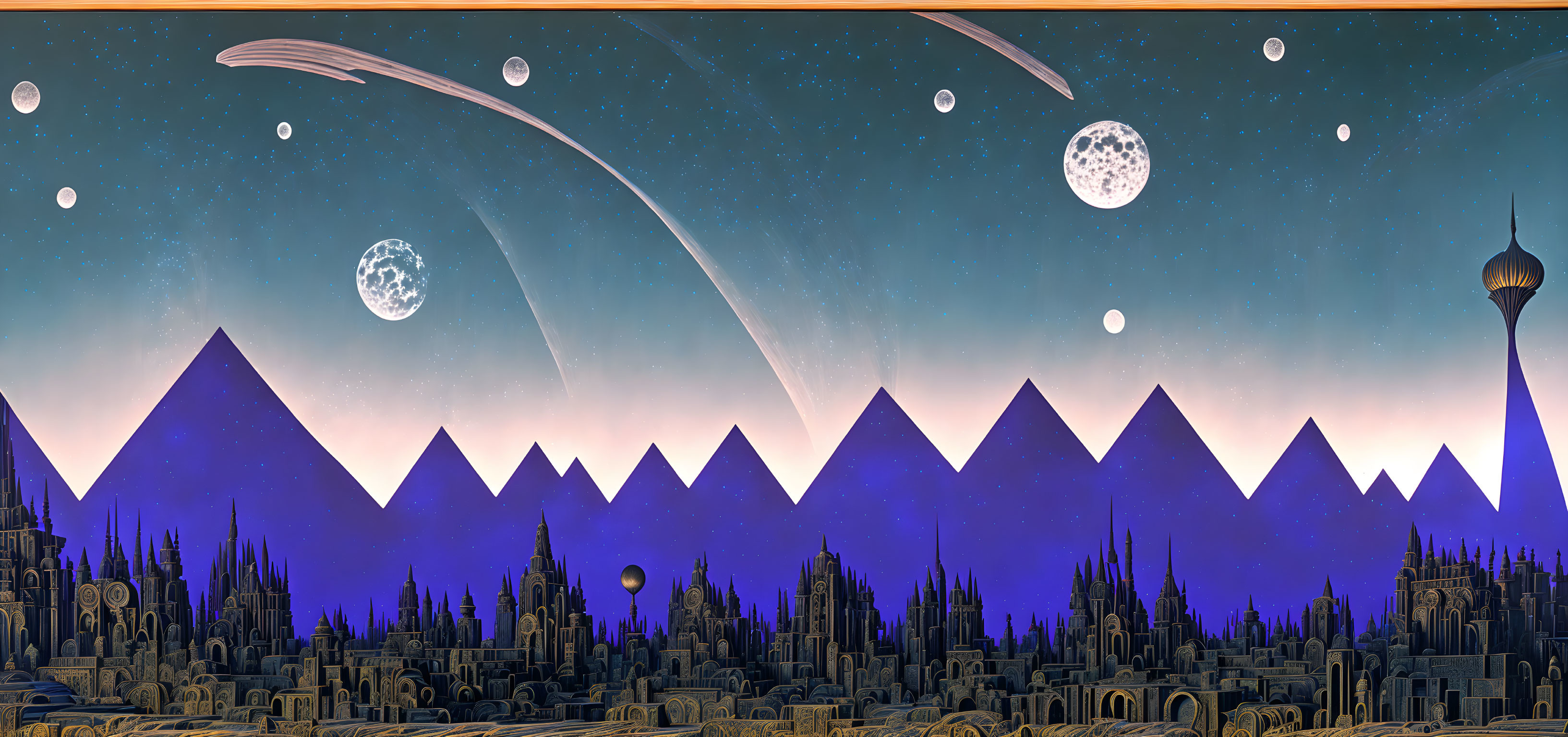 Futuristic alien landscape with pyramids, moons, and meteor trails