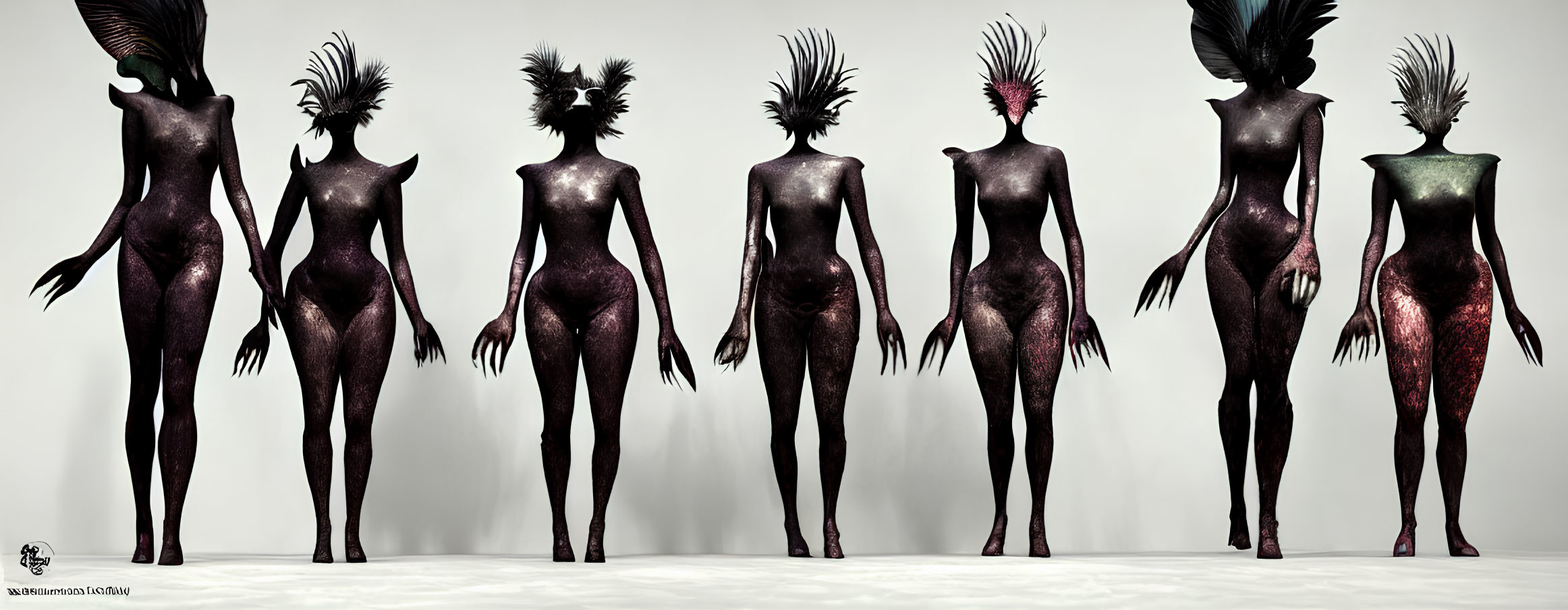 Seven humanoid figures with textured skins and feathered headdresses in a row