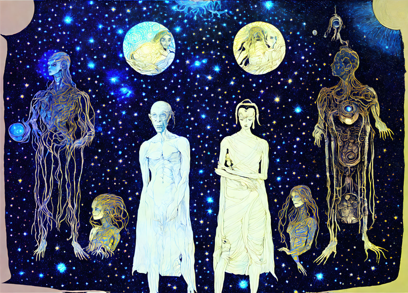 Ethereal humanoid figures with cosmic details on starry backdrop.