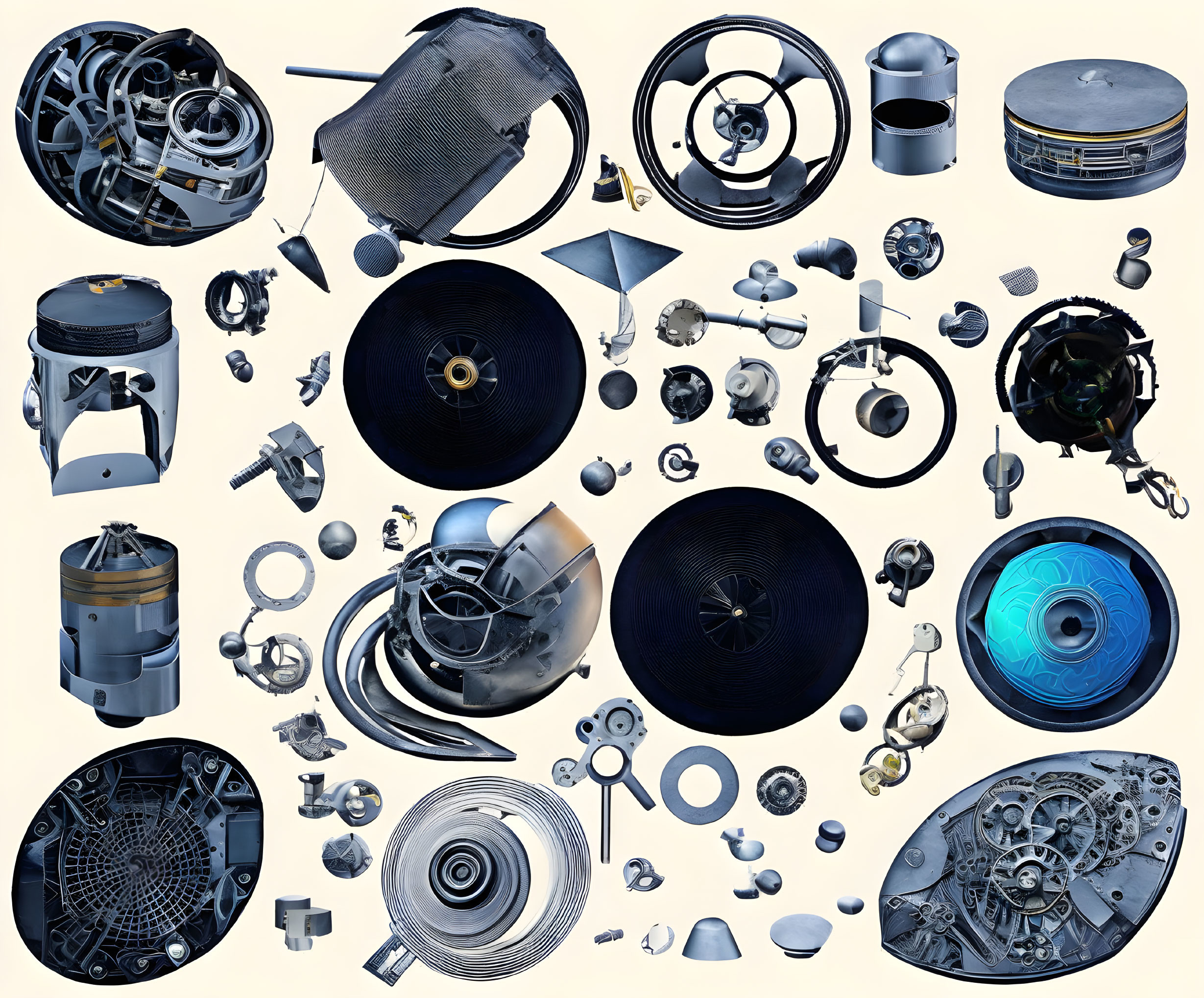 Assorted Car Parts and Mechanical Components on Light Background