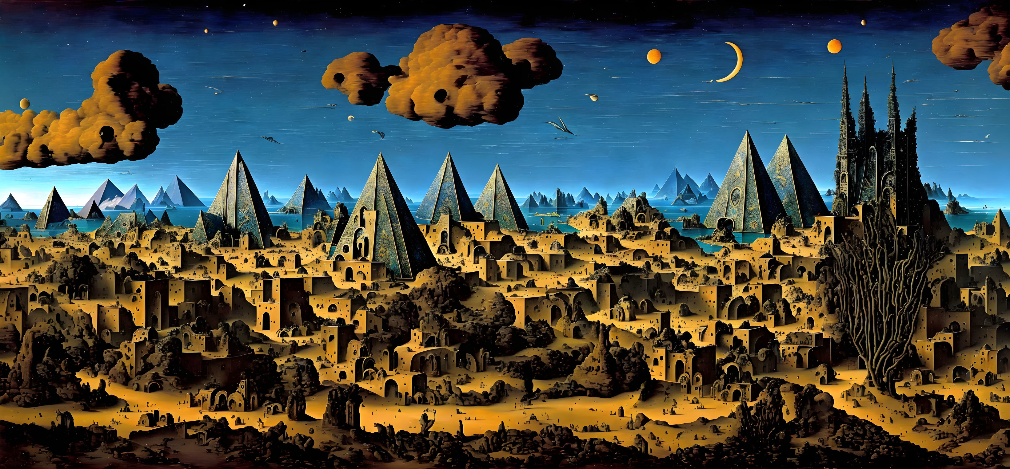 Fantasy landscape featuring pyramidal and Gothic city, twin moons, and floating islands