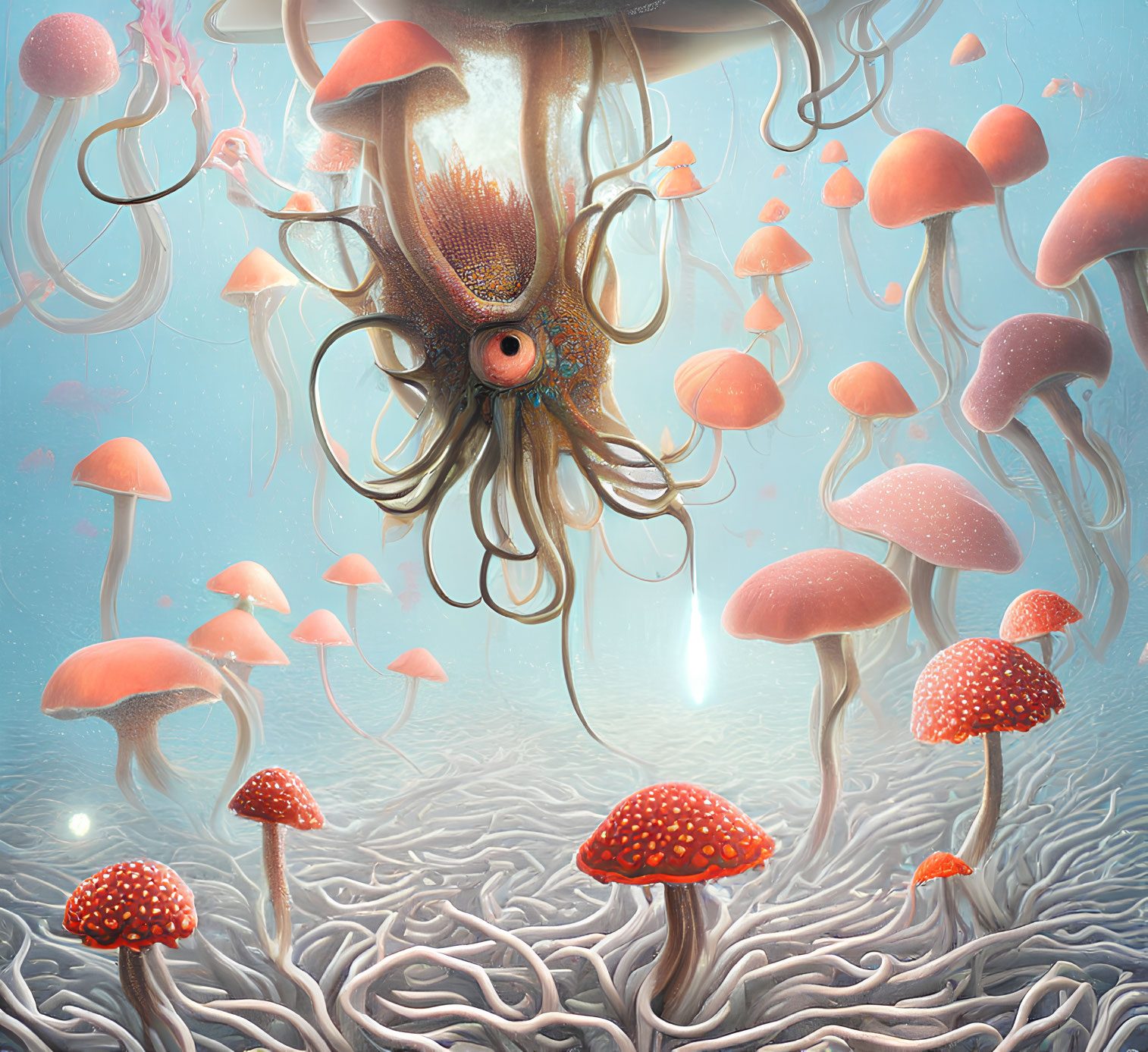 Vibrant underwater scene with giant jellyfish and floating mushrooms